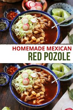 homemade mexican red pozole soup in two bowls