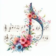 a musical note with flowers and music notes