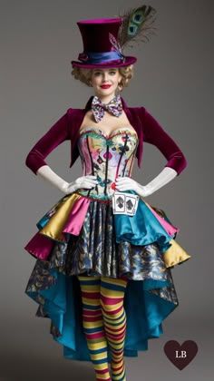 a mannequin dressed in colorful clothing with a top hat and feathered tail