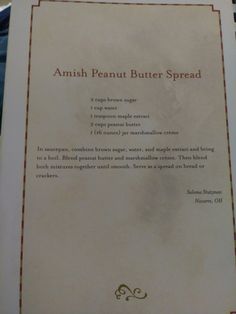 the menu for an amish peanut butter spread