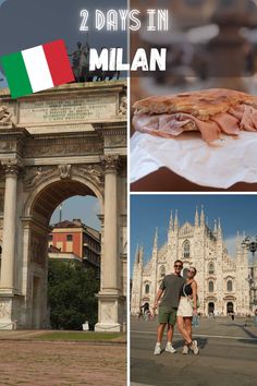 the collage shows two different pictures with food and people in front of an arch