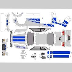 the paper model of a blue and white car with stripes on it's sides