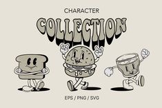 three cartoon characters with the word collection in front of them, one holding a drum and another