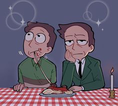 two men sitting at a table with food in front of them, one has his mouth open