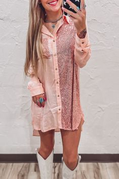 Turn heads in this oversized button up dress! Nashville Inspired Outfits, Oversized Button Up Dress, Sparkle Midi Dress, Baby Shower Outfit, Concert Looks, Western Boot, Button Up Dress, Inspired Outfits, Long Shirt