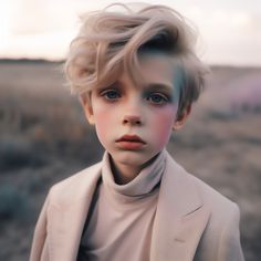 a young boy with blonde hair and blue eyes wearing a beige suit in the desert