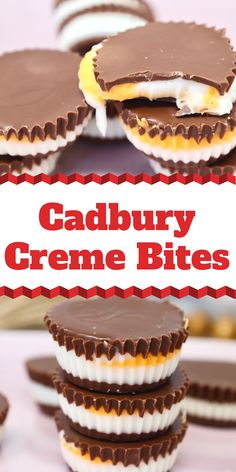 chocolate covered candy creme bites stacked on top of each other with the words cadbury creme bites above them