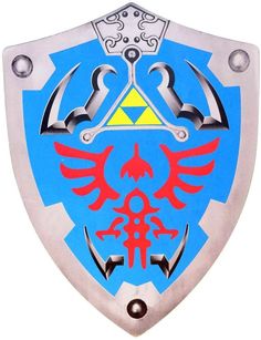 a blue shield with red and yellow designs on it