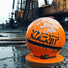 an orange ball sitting on top of a wet ground next to oil rigs in the background