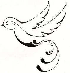 a black and white drawing of a bird with swirls on it's wings