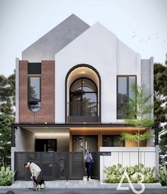 two people are walking their dogs in front of a modern house with an arched doorway