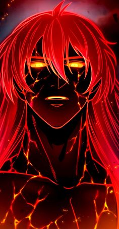 an anime character with long red hair and glowing eyes, staring at something in the distance