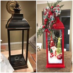 christmas decorations are displayed in an old fashioned lantern and on display at the front door