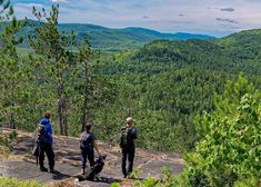 three people standing on top of a mountain looking at the valley and trees in the distance