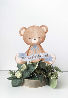 a teddy bear sitting on top of a potted plant next to a sign that says, we can't baby wait