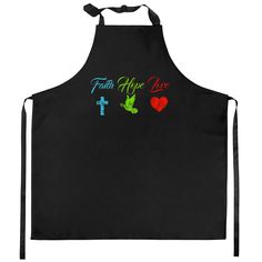 a black apron with the words faith, hope and love written in green on it