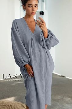 Lasaky - Chic and Comfortable Womens V-Neck Double-Layer Gauze Sleepwear Robe Business Attire Women, Casual Chique, Night Dress For Women, Casual Stylish, Hand In Hand, Loose Dress, Lantern Sleeves, Business Attire, Comfortable Dress