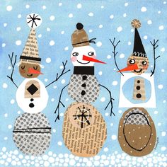 three snowmen with hats and scarves in the snow