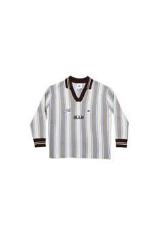 The Racer Knit is a thick sweater that marries cool colors in a vertical striped pattern with branded embroidery on the chest. The sweater fits oversized with a relaxed knit collar and V-neck. Thick knit Vertical strips in ivory, gray, and baby blue Burgundy knit collar and cuffs with lined trim Brand embroidery on chest Oversized fit 55% wool, 45% cotton All orders ship from our warehouse in Florida, USA White Polo Sweater With Striped Collar For Fall, Winter Sweater With Signature Stripes And Long Sleeves, White Long Sleeve Polo Sweater With Striped Collar, White Tops With Signature Stripes For Fall, Brand Embroidery, Thick Sweater, Cool Colors, Sweater Fits, Thick Sweaters