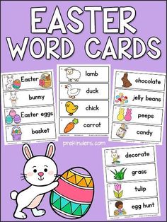 easter word cards with an image of the bunny and egg on it, in purple background