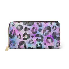 "Multi Color Leopard Print Zipper Wallet-For carrying around all your credit cards, cash, and driver's licenses look no further than this personalized wallet. Made with cruelty-free faux leather, this wallet comes packed with utility and style. Added design creates a daily staple that is unique and full of character. .: Material: Cruelty-free faux leather .: Durable high-quality nylon zip and alloy hardware .: Gold color thread stitching .: Pockets for cash, credit cards, coins, and checkbook .: One size: 7.87\" x 4.33\" (20cm x 11cm)" Purple Travel Wallet With Zipper Closure, Travel Wallet With Zipper Closure In Purple, Trendy Travel Wallets With Zipper Closure, Trendy Travel Wallet With Zipper Closure, Trendy Bifold Wallet With Rfid Blocking, Trendy Rfid Blocking Bifold Wallet, Trendy Multicolor Wallets With Interior Card Slots, Trendy Multicolor Card Holder For Daily Use, Purple Rectangular Wallet With Zipper Closure