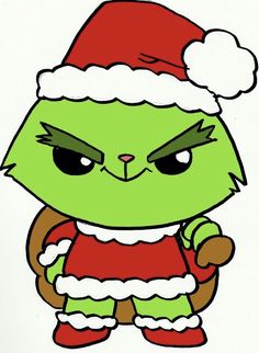 a green cat wearing a santa hat and holding a teddy bear in his arms with one hand