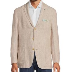 Solid Woven Washed Fabric Regular Cut Blazer, Tailored For A Comfortable Fit Notch Lapels Long Sleeves 3-Button Closure Two Front Patch Pockets Chest Welt Pocket Internal Buttoned Welt Pocket Three Functional Buttonhole Cuffs Keyhole On Lapel Double Vent Linen Dry Clean Beige Casual Semi-formal Suits, Luxury Spring Suits With Pockets, Luxury Linen Outerwear With Pockets, Semi-formal Long Sleeve Linen Outerwear, Luxury Spring Suits, Designer Tailored Sport Coat For Spring, Designer Long Sleeve Sport Coat For Spring, Luxury Long Sleeve Sport Coat For Spring, Designer Semi-formal Sport Coat For Spring