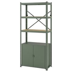 a green bookcase with two doors and shelves