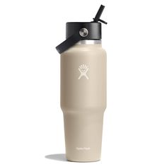 a white and black water bottle on a white background