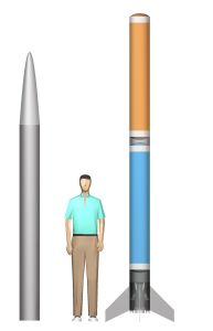 a man standing next to a tall blue and orange rocket on top of a white surface