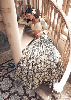 Featuring our beautiful black vintage floral printed lehenga. The set includes heavy embroidered lehenga, blouse and an ombre veil Ombre Veil, Paulmi And Harsh, Black Lehenga, Floral Lehenga, 1950’s Fashion, Lehenga Saree, Bridesmaid Outfit, Vintage Floral Print, Black Vintage