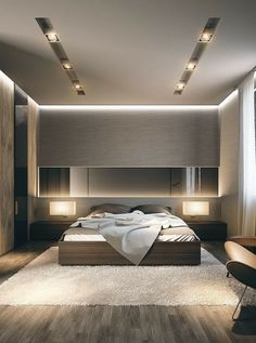 a modern bedroom with wood floors and white walls, along with lights on the ceiling