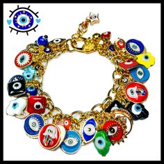 "Evil Eye Charm Bracelet  is packed with charms and good Juju! I made this bracelet with: ~Plated stainless chain ~Chunky Lobster Clasp ~Lampwork glass charms ~Enamel Charms ~Lampwork glass beads 7 & 3/4\" length with adjustment chain fits most. (message me for special wrist sizing)" Multicolor Metal Charms For Gifts, Metal Charm Bracelet With Evil Eye For Gift, Nickel-free Multicolor Metal Charm Bracelet, Metal Charm Bracelet With Evil Eye, Evil Eye Metal Charm Bracelet, Eye Charm Bracelet, Glass Charms, Evil Eye Charm, Lampwork Glass Beads