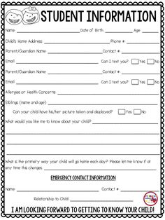 the student information form is shown in black and white with an image of a child's face