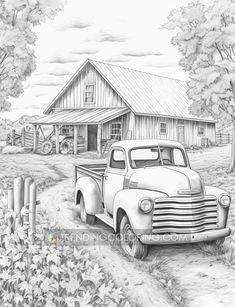 an old pickup truck parked in front of a farm house with a barn on the other side