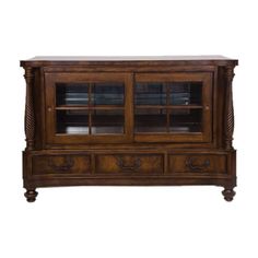 an old fashioned wooden cabinet with glass doors and drawers on the bottom, against a white background