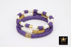 Purple and Gold Bracelet in Heishi Beads by Regina Harp Designs These bracelets are in a purple, white and gold colors with your choice of bracelet style. They can be made with our other bead colors as well; message us if you would like to customize your bracelet. If you need a smaller or extra large size in the bracelet, please leave us a note with your order. **SPECIFICATIONS** Measurements Approximately: Length is 6.5~7 inches Stones: 6 mm Heishi clay beads Quantity of Items: 1 bracelet unles Heishi Bracelet Lsu, Purple And Gold Bracelets, Bracelet Organization Ideas, Purple Heishi Bracelet Ideas, Purple Gold Bracelet, Purple Heishi Bracelet, Polymer Clay Bracelet Ideas Preppy, Purple Clay Bead Bracelet Ideas, Heishi Bracelet Diy