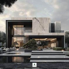 an architectural rendering of a modern house with large windows and steps leading up to it