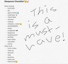 the words sleepover checklist written in cursive writing on a sheet of paper