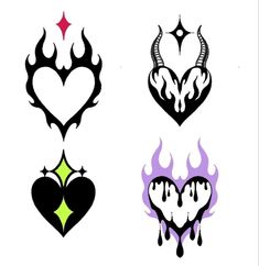 four different heart tattoos with flames and hearts in the middle one is black, white, and green