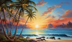 a painting of palm trees and the sun setting over the ocean on a tropical beach