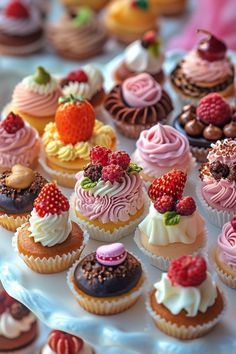 there are many different cupcakes on the plate and one is decorated with strawberries