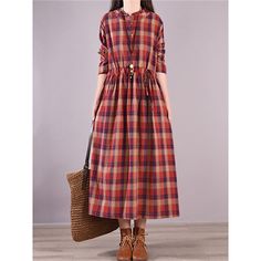 Season:Winter,Fall,Autumn; Fabric:Linen; Sleeve Length:Long Sleeve; Look After Me:Machine wash; Gender:Women's; Style:Fashion,Casual,Basic,Classic; Elasticity:Micro-elastic; Occasion:Vacation,Weekend,Outdoor,Daily,Holiday; Fit Type:Loose Fit; Dresses Type:Casual Dress,Plaid Dress,Cotton Linen Dress; Pattern:Plaid; Design:Pocket,Print; Neckline:Stand Collar; Front page:FF; Listing Date:09/01/2023; Production mode:External procurement; 2024 Trends:2023; Bust:; Length:; Shoulder Width:; Sleeve:; Dr Non-stretch Brown Winter Dress, Long Sleeve Plaid Cotton Dress For Fall, Long Sleeve Cotton Plaid Dress For Fall, Casual Long Sleeve Plaid Dress For Fall, Non-stretch Cotton Fall Dresses, Non-stretch Cotton Dress For Fall, Spring Long Sleeve Plaid Cotton Dress, Spring Cotton Plaid Long Sleeve Dress, Spring Long Sleeve Cotton Plaid Dress