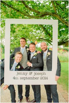 three men in suits are holding up a wedding sign with the words, jenny and joseph on it