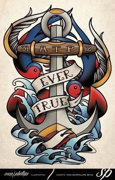 an anchor with the words never true on it and some fish around it, all in different colors