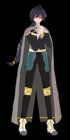 an anime character with long hair wearing a cape and black pants, standing in front of a