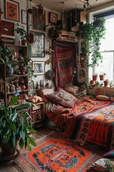 a room filled with lots of plants and rugs