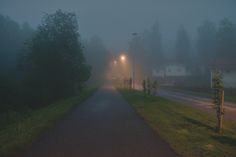 a foggy road with street lights on the side and trees in the background at night