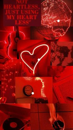 a collage of photos with red lights and various items in the background, including a heart - shaped light