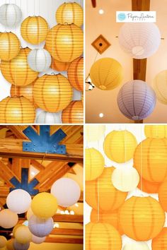 four different pictures of paper lanterns hanging from the ceiling